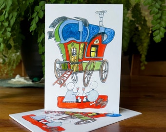 Gypsy Caravan Holiday, Art Deco Style Notecards, A Pack of 5 folded Notecards with Envelopes. Made from a Print of an Original Watercolour