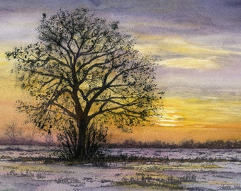 Silhouette d'arbre d'hiver contre un coucher de soleil enneigé, impression de paysage, de ma propre peinture à l'aquarelle originale, un paysage d'hiver atmosphérique