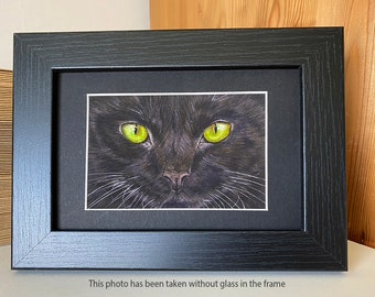 Black Cat Face Mini Framed Print from my Own Pet Portrait Watercolour Painting. An Ideal Birthday or Any Day Gift for Cat Lovers Everywhere