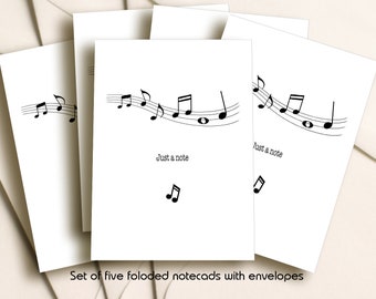 Music Notes Notecards, A Pack of 5 folded Notecards with Envelopes. Just a Note Notecards for Music Lovers. Everyday  Writing Stationery