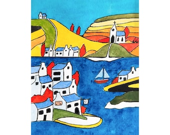 Harbour Scene, Art Deco Style Fine Art Prints from an Original Watercolour Painting. A Bright and Colourful Wall Art Gift for Everyone