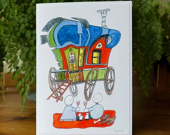 Gypsy Caravan and Young Couple Celebrating, Whimsical Art Deco Style Greeting Card. Wedding, Engagement, Anniversary or New Home Greeting