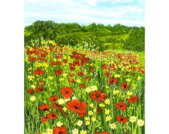 Wild Poppies Field, Fine Art PRINT from my own Original Floral Gouache Painting, for Botanical Art Lovers in a Range of Sizes