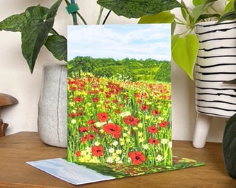 Wild Poppy Field Fine Art Notecards, Pack of Five Folded Cards with Envelopes from my own Original Gouache Painting