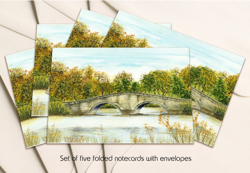 River Scene Landscape with Envelopes From and Original Watercolour Painting Writing Paper, A Pack of 5 folded Notecards