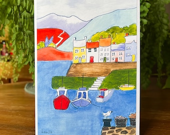 Houses by the Lake with Little Boats Moored Close By, Whimsical Art Deco Style Blank Greeting Card for any Recipient or Occasion