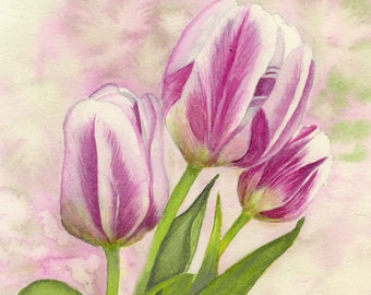 Tulips Flowers Print, A Fine Art PRINT from an Original Watercolour Painting, Tulips Botanical Print, Floral Print, Botanical Illustration,