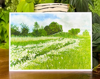 Summer Wild Daisies in a Grassy Field, Landscape Greeting Card for any Occasion or Recipient, Printed from an Original Gouache Painting.