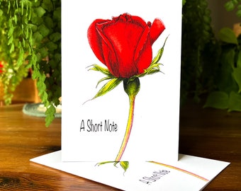 Single Red Rose Flower Notecards, A Pack of 5 folded Notecards with Envelopes. From and Original Ink and Watercolour Painting.