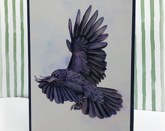 Black Raven in Flight Greeting Card, Corvus Corax, Gothic Art Card from an Original  Watercolour Painting Blank or Add Your Own Sentiment.