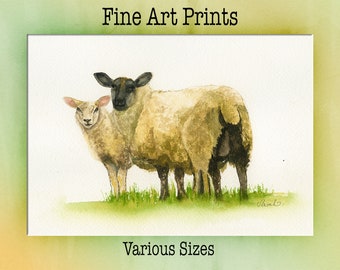Sheep (Ewe and Lamb), A Fine Art PRINT from an Original Watercolour Painting, Ideal for a Children's Nursery, Playroom and all Animal Lovers