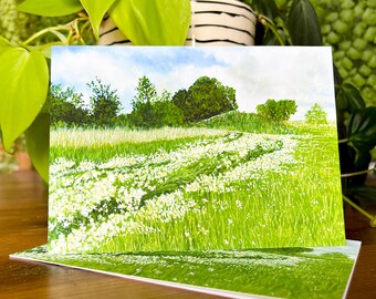 Wild Daisies in a Grassy Field Summer Landscape Notecards, A Pack of 5 folded Notecards with Envelopes. From and Original Gouache  Painting