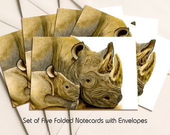 Rhinoceros Mother & Baby Notecards, A Pack of 5 folded Notecards with Envelopes. From and Original Watercolour Painting. Everyday Note Paper