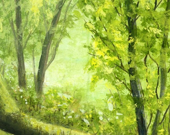 Summer Woodland Scene, A Fine Art PRINT from my own Original Gouache Painting, Brightly Lit Woodland Behind a Moss Covered Tree Trunk