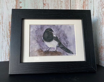 Magpie Wildlife, Framed Mini Print from my Own Pet Portrait Watercolour Painting. Realistic Corvid, Wild Birds, Tiny Watercolour Print