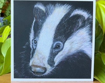 Badger at Night Portrait, Blank Greeting Card, Gift for Him or Her, Realistic Wildlife Art Card for Birthdays, Fathers Day or Any Occasion