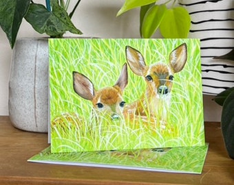 Two Fawns, Baby Deer Notecards, A Pack of 5 Folded Notecards with Envelopes. From a Print of my own Original Gouache Painting.