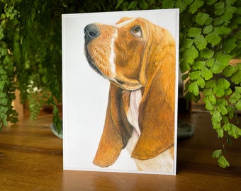 Basset Hound Looking Up in Anticipation Greeting Card, from an Original Coloured Pencil Drawing. A Blank Pet Portrait Card for any Occasion