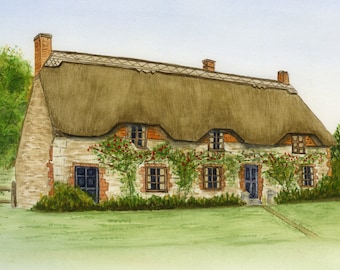 Thatched Cottage, Country Landscape PRINT,  from an Original Watercolour Landscape Painting, House Painting, Country Home Art