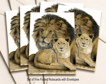Lion and Cub, Pack of 5 folded Notecards with Envelopes. Big Cats Painting from an Original Watercolour Painting. Everyday Stationery