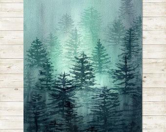 A Foggy, Forest Landscape PRINT, from my Own Original Watercolour Painting, Blue and Green Moody, Tranquil, Atmospheric Art for Any Room