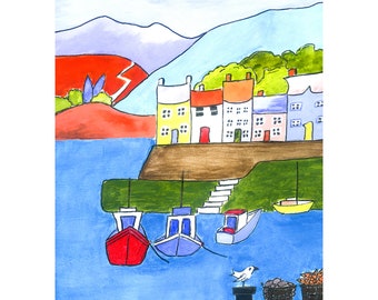 Homes by the Water With Little Boats Moored, Whimsical Art Deco Style Art PRINT from an Original Watercolour Painting. Home Decor Wall Art