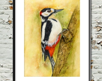 Great Spotted Woodpecker, Original Watercolour Painting, NOT A PRINT, Wildlife Art, Bird Painting, Nature Art, Realistic Bird Painting,