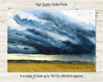 Stormy Sky with Thunder Clouds Landscape PRINT, from my Own Original Watercolour Painting, Black Sky Cloudscape, Skyscape  Wall Art