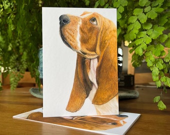 Basset Hound Notecards, A Pack of 5 folded Notecards with Envelopes. From and Original Coloured Pencil Drawing. Everyday Stationery