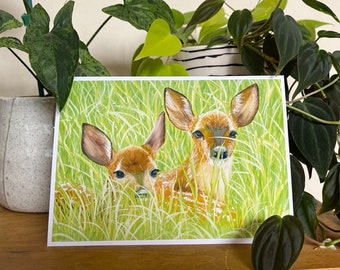 Fallow Deer Fawns Resting in Long Grass, Greeting Card. Created from an Original Gouache Painting, Suitable for  any Recipient or Occasion