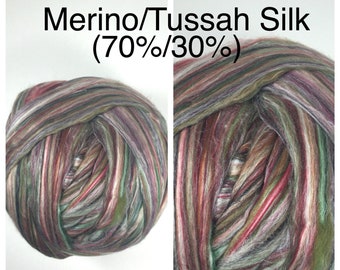Multi Color Merino Silk Roving Autumn / Multi Merino Tussah Silk 70/30 / Merino Silk Autumn / 4oz 8oz
