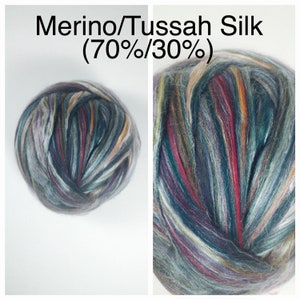 Dyed Merino Silk Roving Diablo / Multi Merino Tussah Silk 70/30 / Multi Color Merino Silk Diablo / 4oz 8oz