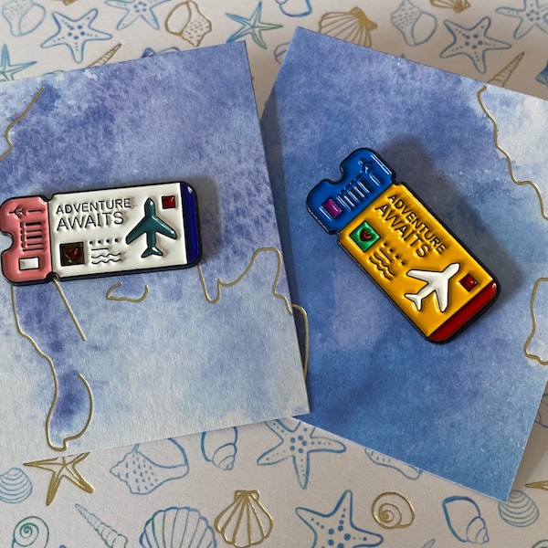 Adventure awaits ticket enamel pin, Plane ticket pin, flight ticket pin, Travel lover gift, Adventure lover, wanderlust gift