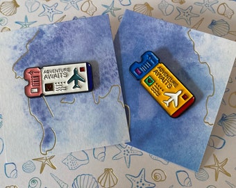 Adventure awaits ticket enamel pin, Plane ticket pin, flight ticket pin, Travel lover gift, Adventure lover, wanderlust gift