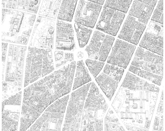 May include: A detailed black and white line drawing of a city map. The map shows a dense network of streets and buildings, with a central square at the heart of the city.
