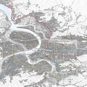 Mapa de impressão artística desenhado à mão da Bacia de Taipei, incluindo o MRT e as ferrovias