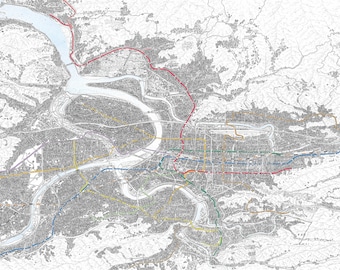 Hand Drawn Art Print Map of the Taipei Basin, including the MRT and Railways