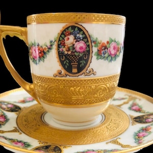 Demitasse Cup Saucer, Tea Set, Black Knight, Floral Cameos Swags, Bone China, Gift Idea, Collectible Porcelain,