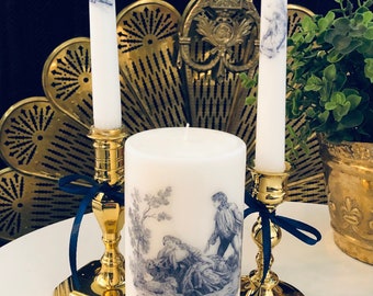 BLUE WHITE, CANDLE Pillar Taper Flameless Toile De Jouy Home Decor, Chinoiserie Chic, Gift Idea,  Gift for Her