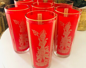 Vintage Culver Highball Glass: Thai Goddess Red & Gold Barware