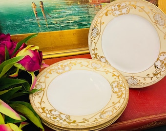 ANTIQUE NORITAKE PLATES, While Gold, Hand Painted, Antique Dishes, Collectible Plates, Set of 4, Bridal China