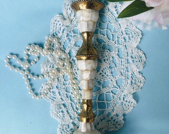 VINTAGE BRASS CANDLEHOLDER, Mother of Pearl, Mantel Holiday Wedding Gold Decor