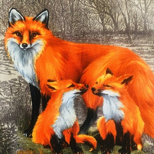 COTTON TEA TOWEL, Fall Decor , Housewarming Gift, Fox With Babies , Wild Animals, Orange Grey