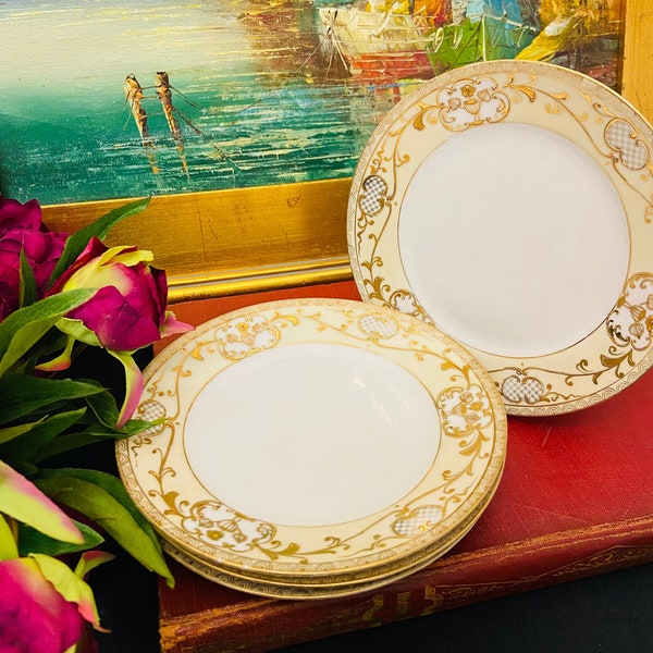 ANTIQUE NORITAKE PLATES, While Gold, Hand Painted, Antique Dishes, Collectible Plates, Set of 4, Bridal China