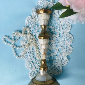 VINTAGE BRASS CANDLEHOLDER, Mother of Pearl, Mantel Holiday Wedding Gold Decor