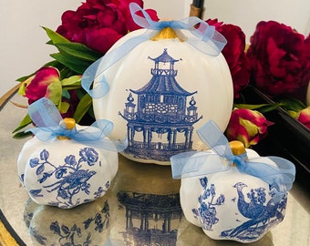 BLUE WHITE PUMPKIN, Fall Decor, Chinoiserie Chic, Pagoda Decor,Thanksgiving Decor