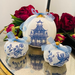 BLUE WHITE PUMPKIN, Fall Decor, Chinoiserie Chic, Pagoda Decor,Thanksgiving Decor