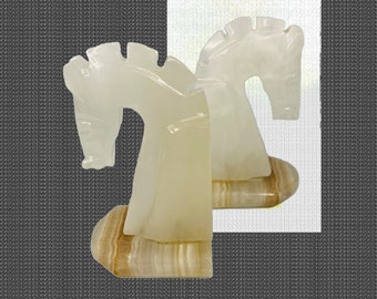 HORSE HEAD, VINTAGE Bookends,White Onyx, Classic Decor, Chess Lovers