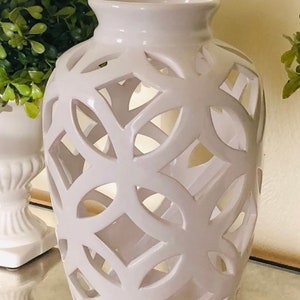 Vintage White Pierced Ceramic Vase – 9” Decorative Openwork Vase – French Country Cottage Decor