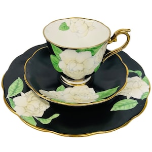 Royal Albert Gardenia Trio Black Gold Vintage Teacup Saucer and Plate Set English Tea Bridal Display